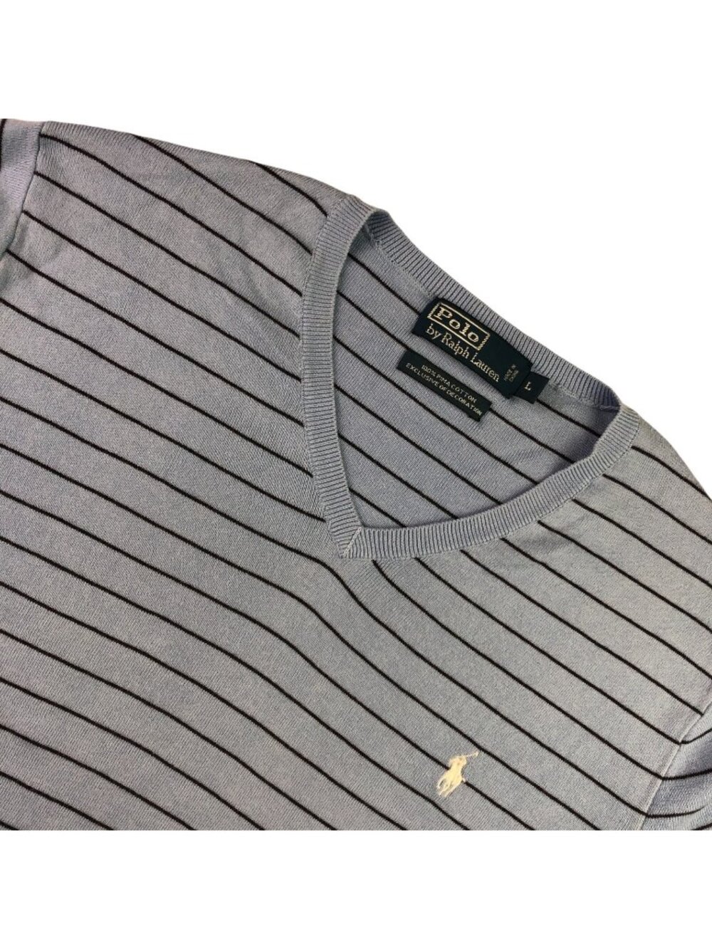 Polo Ralph Lauren Men's 100% Cotton V-Neck Pullover Sweater Blue Stripe • Large